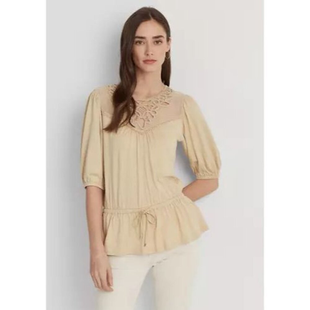 Lauren Ralph Lauren Women’s Cotton Lace Trim Jersey Peplum Top for Summer
